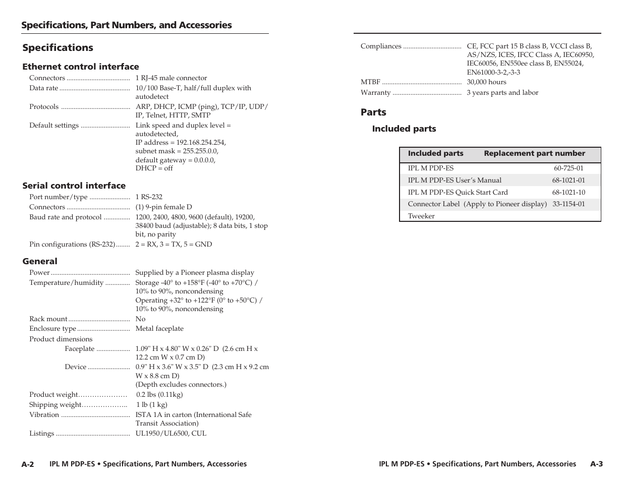 Parts, Specifications | Extron Electronics IPL M PDP-ES User Guide User Manual | Page 32 / 36