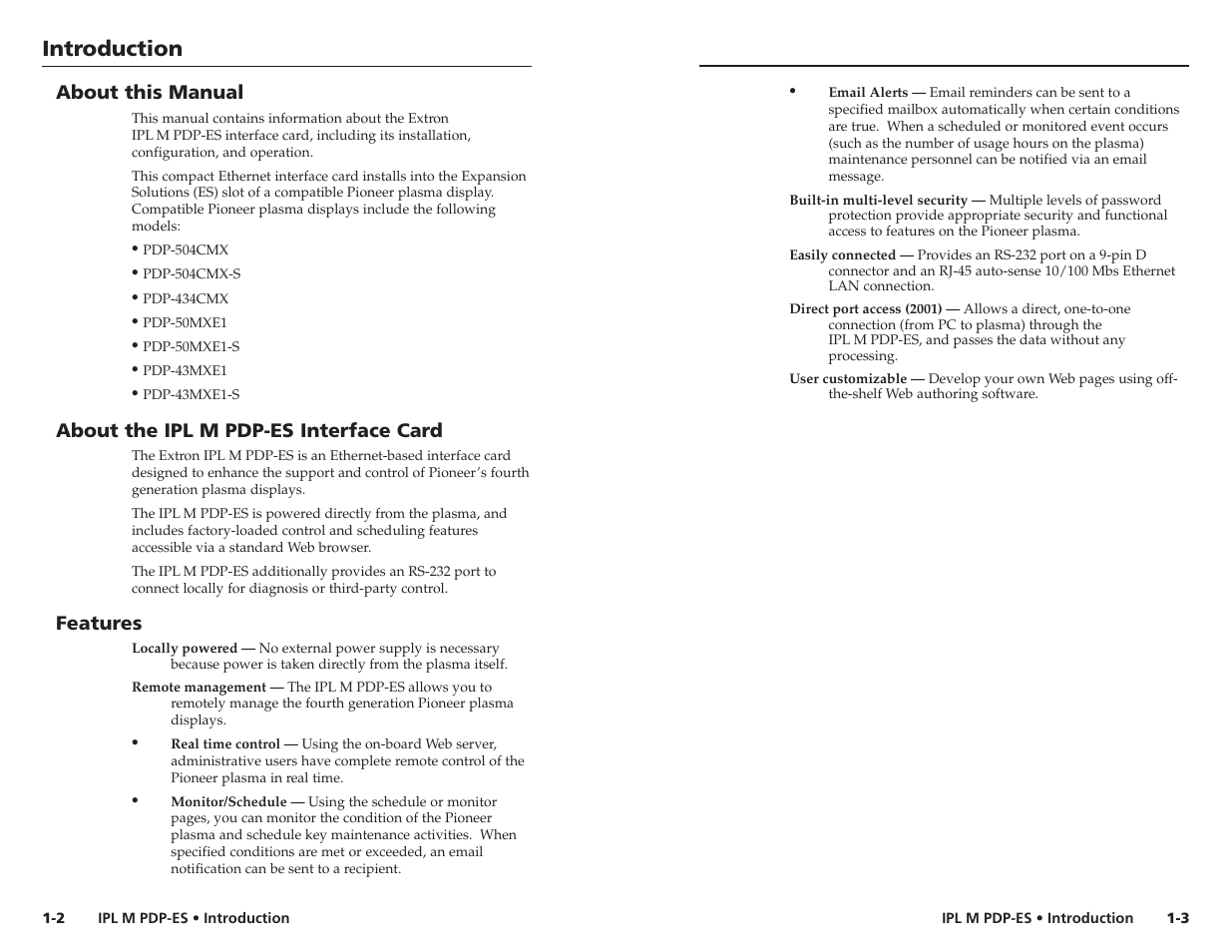 Introduction, About this manual, About the ipl m pdp-es interface card | Features | Extron Electronics IPL M PDP-ES User Guide User Manual | Page 6 / 36