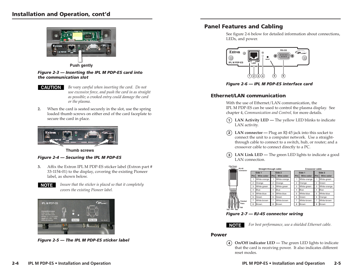 Installation and operation, cont’d, Panel features and cabling, Ethernet/lan communication | Power, Caution, Ipl m pdp-es • installation and operation, Figure 2-6 — ipl m pdp-es interface card, Figure 2-7 — rj-45 connector wiring, Figure 2-4 — securing the ipl m pdp-es, Figure 2-5 — the ipl m pdp-es sticker label | Extron Electronics IPL M PDP-ES User Guide User Manual | Page 9 / 36