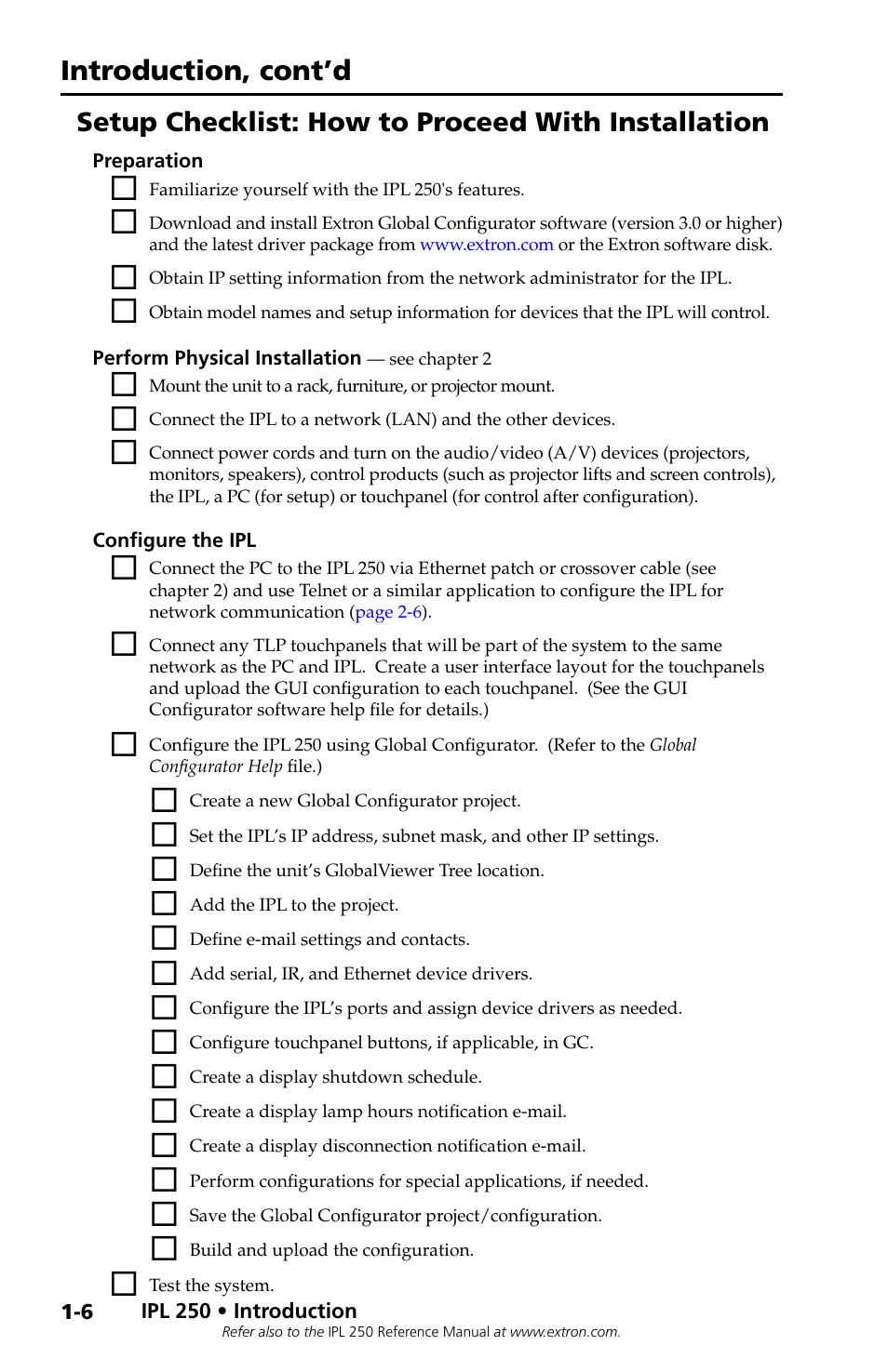 Setup checklist: how to proceed with installation, Introduction, cont’d | Extron Electronics IPL 250 Setup Guide User Manual | Page 10 / 20