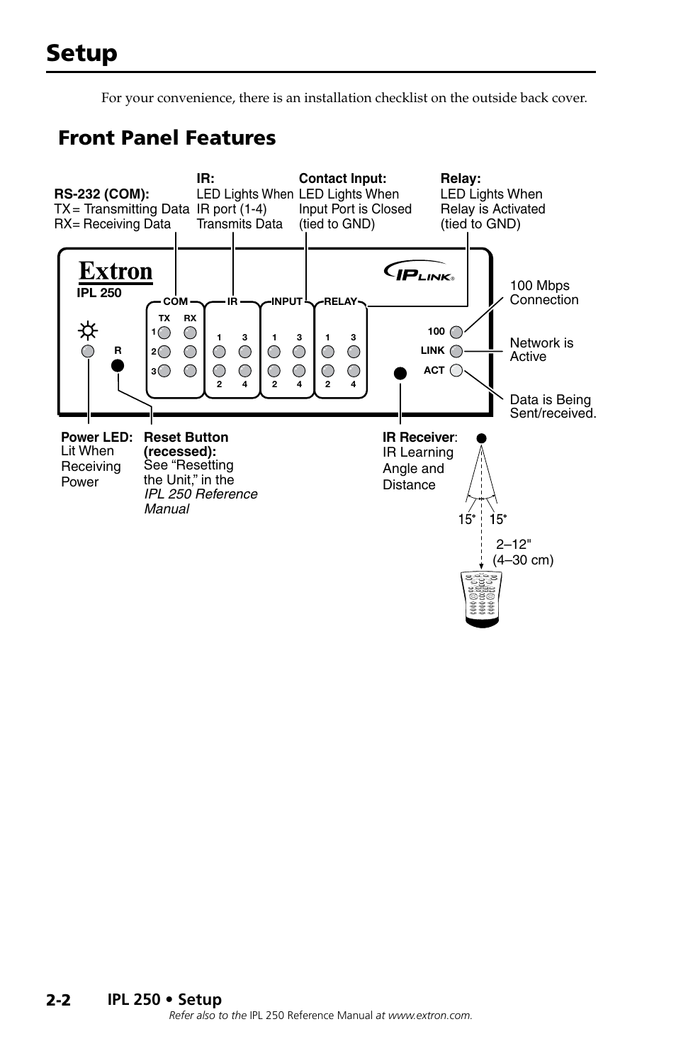 Front panel features, Setup, Ipl 250 • setup | Extron Electronics IPL 250 Setup Guide User Manual | Page 12 / 20