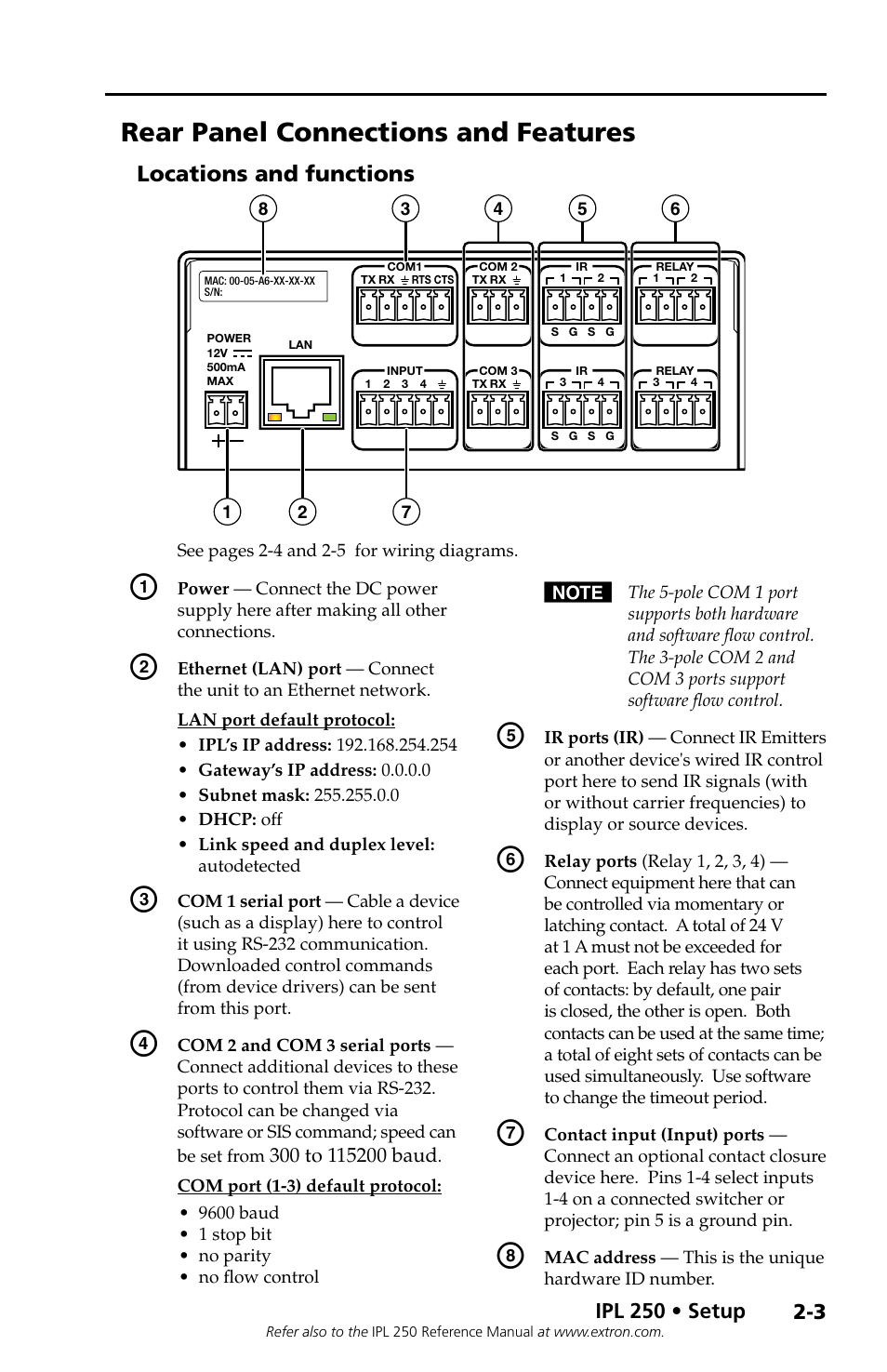 Rear panel connections and features, Locations and functions, Locations and functions -3 | Extron Electronics IPL 250 Setup Guide User Manual | Page 13 / 20
