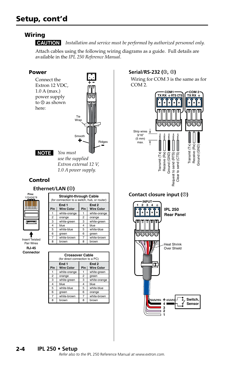 Wiring, Power, Control | Wiring -4, Power -4 control -4, Setup, cont’d, Ipl 250 • setup, Ethernet/lan ( b ), Serial/rs-232 ( c , d ), Contact closure input ( g ) | Extron Electronics IPL 250 Setup Guide User Manual | Page 14 / 20