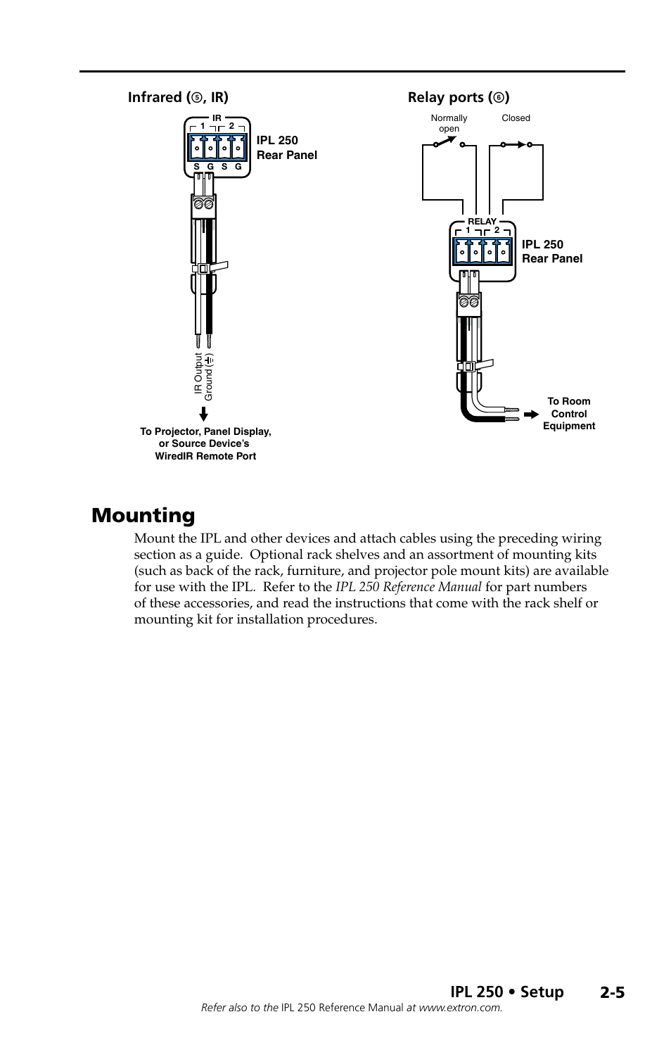 Mounting, Ipl 250 • setup, Infrared ( e , ir) | Relay ports ( f ) | Extron Electronics IPL 250 Setup Guide User Manual | Page 15 / 20