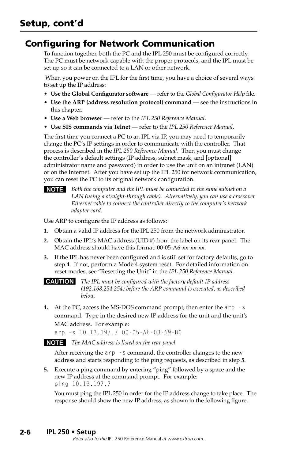 Configuring for network communication, Setup, cont’d | Extron Electronics IPL 250 Setup Guide User Manual | Page 16 / 20