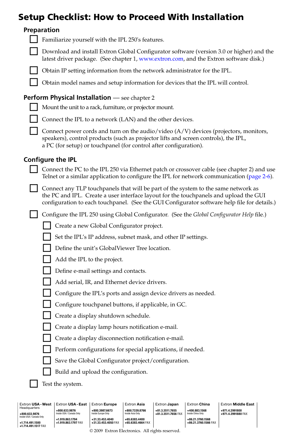 Setup checklist: how to proceed with installation | Extron Electronics IPL 250 Setup Guide User Manual | Page 20 / 20