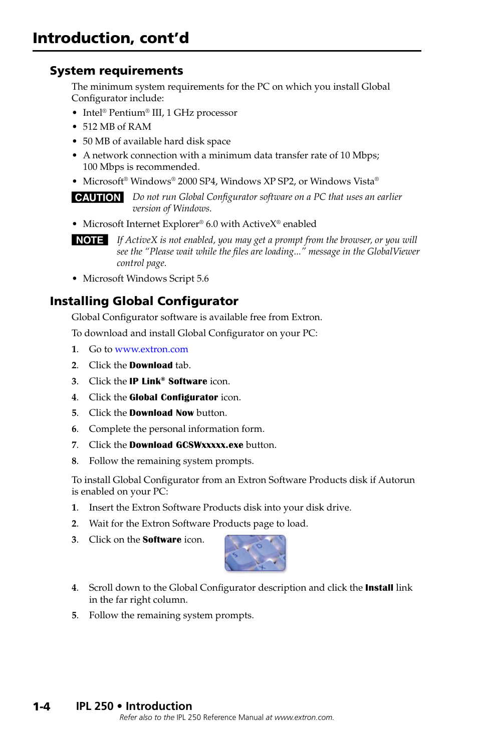 System requirements, Installing global configurator, Introduction, cont’d | Ipl 250 • introduction | Extron Electronics IPL 250 Setup Guide User Manual | Page 8 / 20