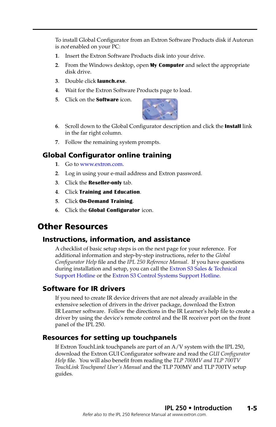 Global configurator online training, Other resources, Instructions, information, and assistance | Software for ir drivers, Resources for setting up touchpanels, Global configurator online training -5 | Extron Electronics IPL 250 Setup Guide User Manual | Page 9 / 20