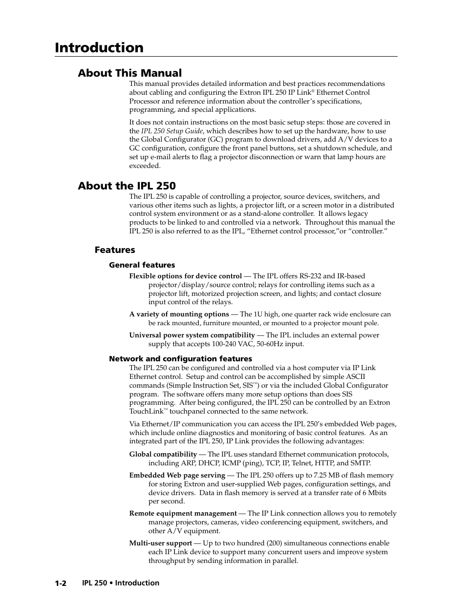 About this manual, About the ipl 250, Features | General features, Network and configuration features, Features -2, About this manual, Introduction | Extron Electronics IPL 250 Reference Manual User Manual | Page 10 / 109