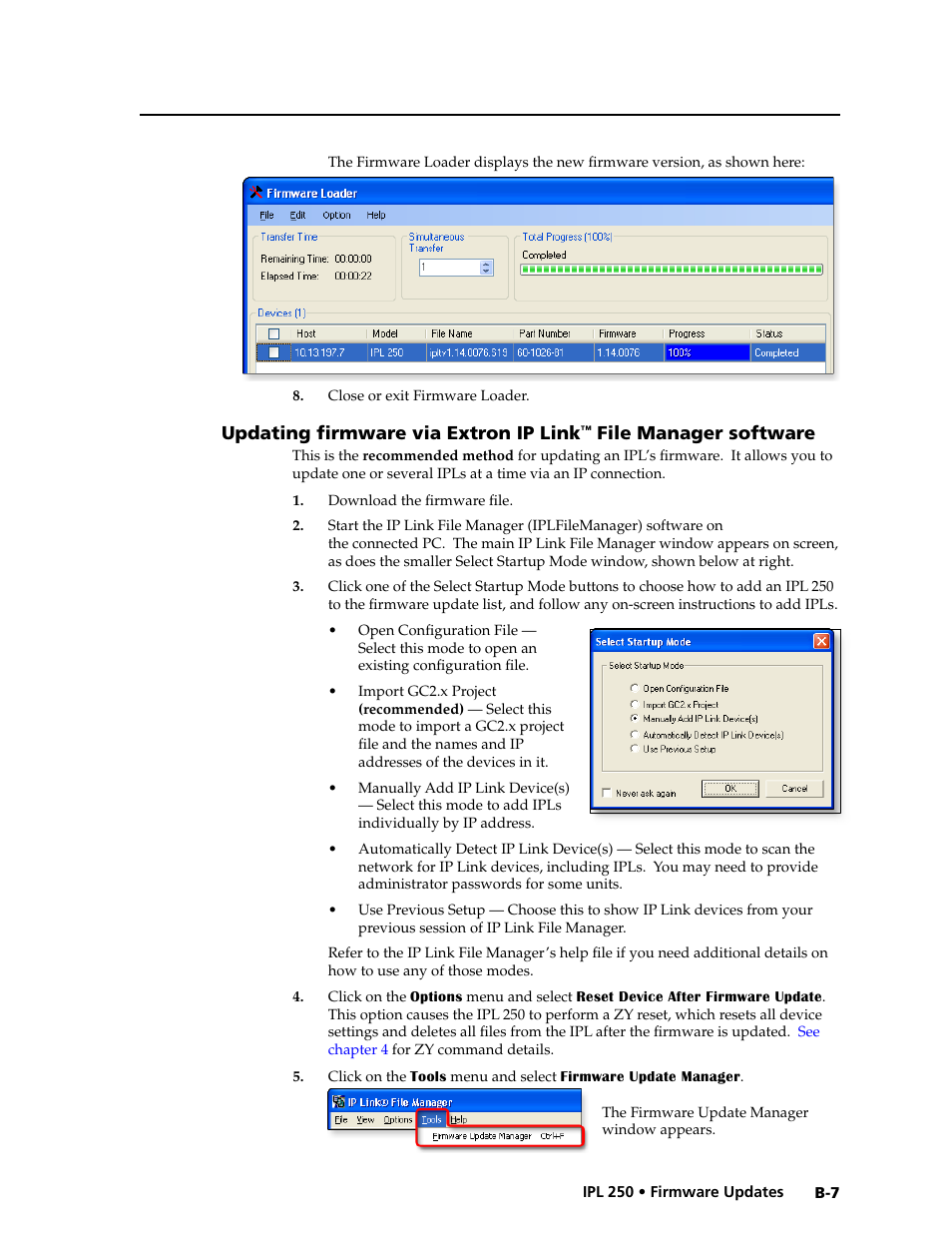 Updating firmware via extron ip link, Updating firmware via extron ip link, File manager software | Extron Electronics IPL 250 Reference Manual User Manual | Page 101 / 109