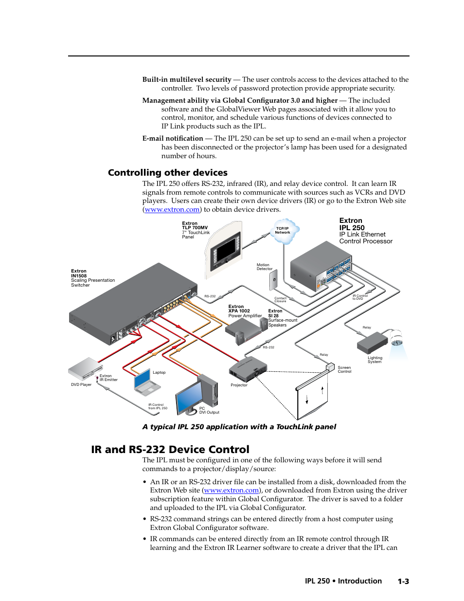 Controlling other devices, Ir and rs-232 device control, Controlling other devices -3 | Extron Electronics IPL 250 Reference Manual User Manual | Page 11 / 109