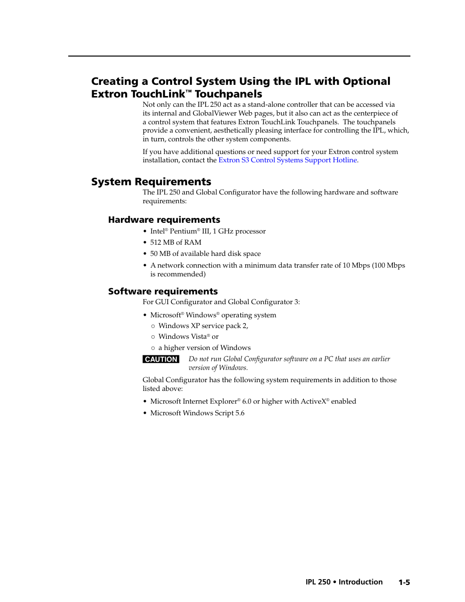 System requirements, Hardware requirements, Software requirements | Extron touchlink, Touchpanels | Extron Electronics IPL 250 Reference Manual User Manual | Page 13 / 109