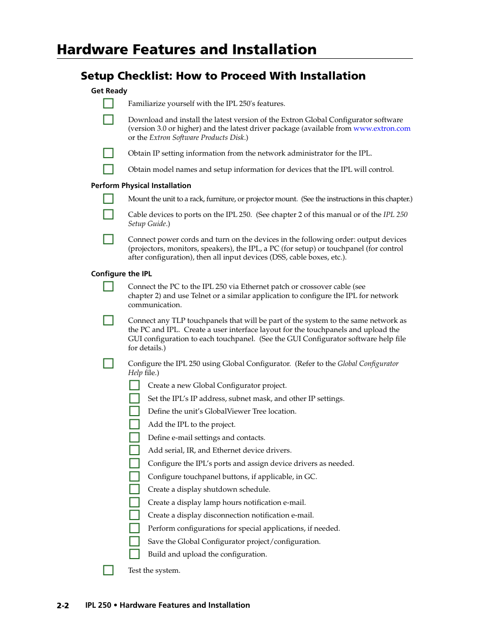 Setup checklist: how to proceed with installation, Hardware features and installation | Extron Electronics IPL 250 Reference Manual User Manual | Page 16 / 109