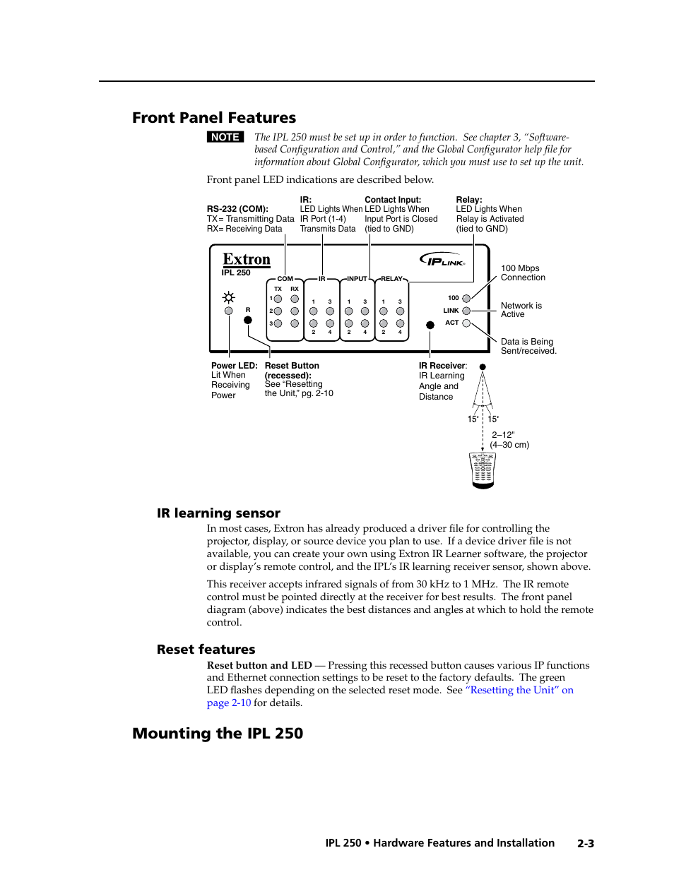 Front panel features, Ir learning sensor, Reset features | Ir learning sensor -3 reset features -3, Mounting the ipl 250 | Extron Electronics IPL 250 Reference Manual User Manual | Page 17 / 109