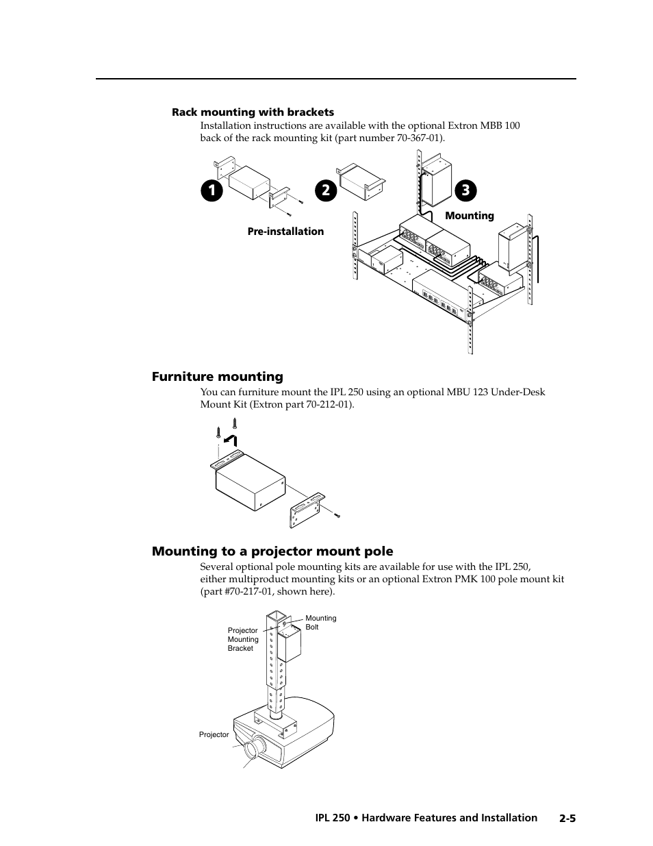 Rack mounting with brackets, Furniture mounting, Mounting to a projector mount pole | Rack mounting with brackets -5 | Extron Electronics IPL 250 Reference Manual User Manual | Page 19 / 109