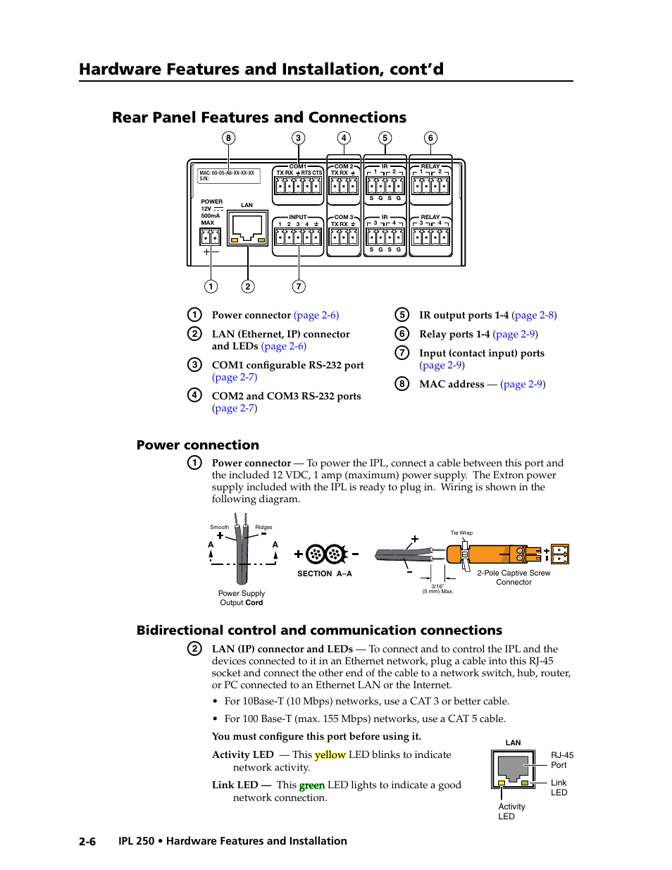 Rear panel features and connections, Power connection, Rear panel features and connections | Hardware features and installation, cont’d | Extron Electronics IPL 250 Reference Manual User Manual | Page 20 / 109