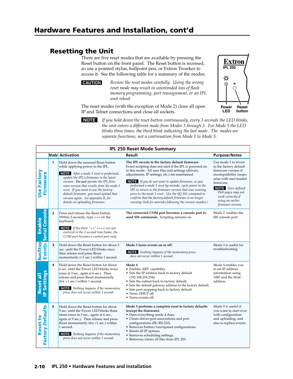 Resetting the unit, Resetting the unit, Recessed) | See “resetting, The unit,” pg. 2-10, Resetting the unit” on, Hardware features and installation, cont’d | Extron Electronics IPL 250 Reference Manual User Manual | Page 24 / 109