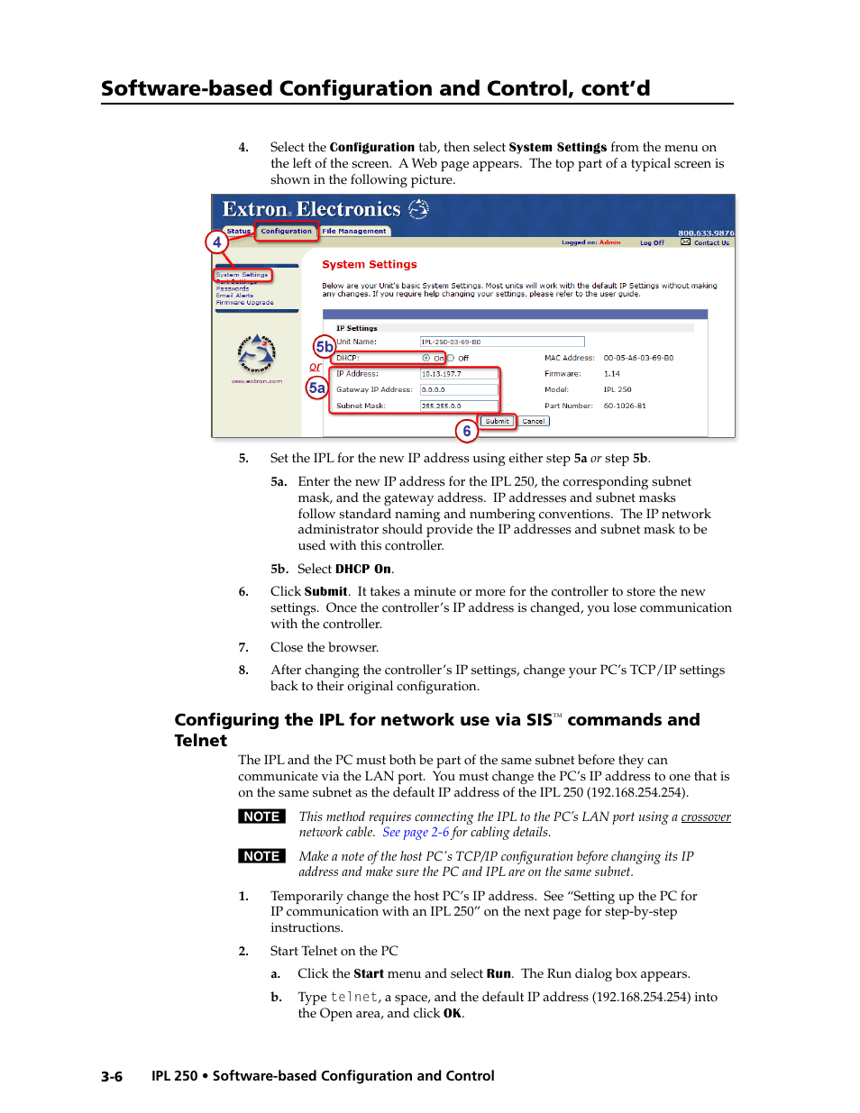 Configuring the ipl for network use via sis, Commands and telnet -6, Software-based configuration and control, cont’d | Configuring the ipl for network use via sis, Commands and telnet | Extron Electronics IPL 250 Reference Manual User Manual | Page 32 / 109