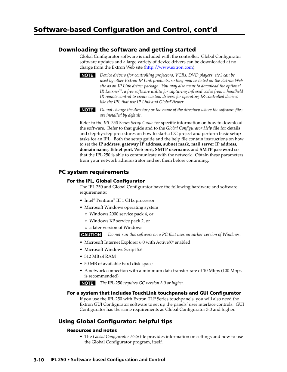 Downloading the software and getting started, Pc system requirements, For the ipl, global configurator | Using global configurator: helpful tips, Resources and notes, Using global configurator: helpful tips -10, Resources and notes -10, Software-based configuration and control, cont’d | Extron Electronics IPL 250 Reference Manual User Manual | Page 36 / 109