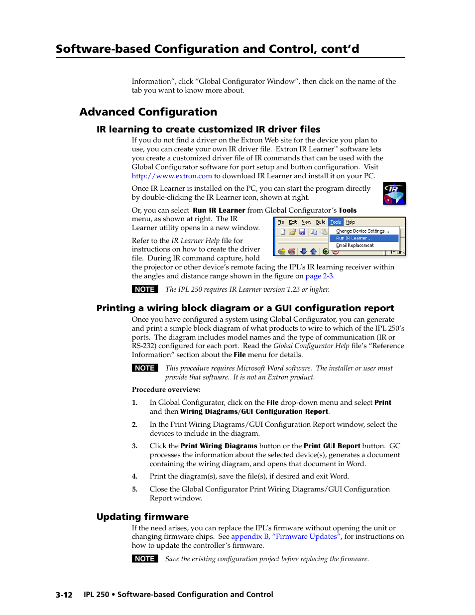 Advanced configuration, Ir learning to create customized ir driver files, Updating firmware | Software-based configuration and control, cont’d | Extron Electronics IPL 250 Reference Manual User Manual | Page 38 / 109