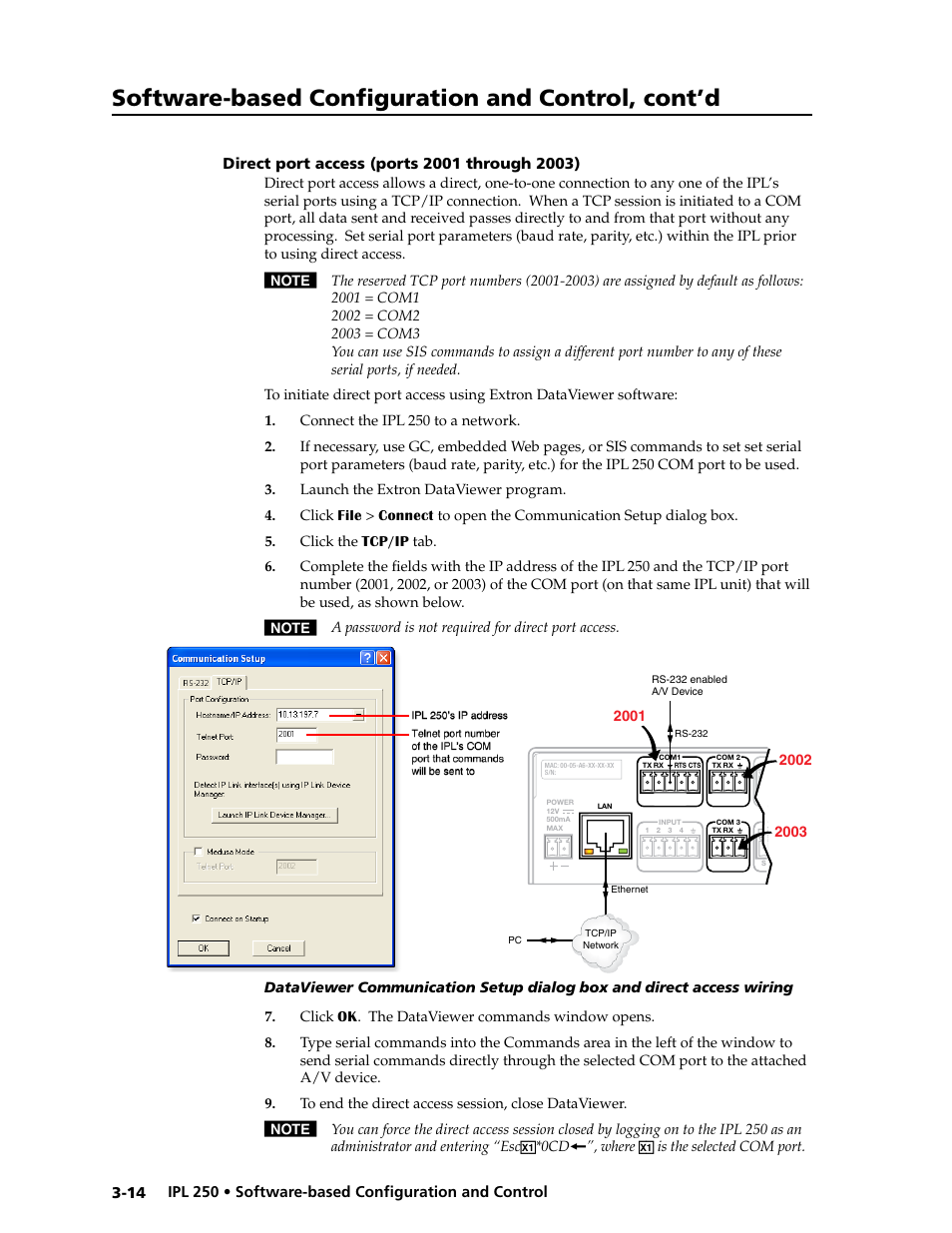 Direct port access (ports 2001 through 2003), Software-based configuration and control, cont’d | Extron Electronics IPL 250 Reference Manual User Manual | Page 40 / 109