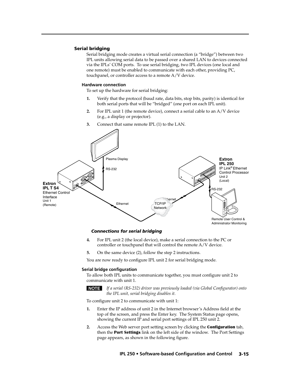 Serial bridging, Hardware connection, Serial bridge configuration | Serial bridging -15 | Extron Electronics IPL 250 Reference Manual User Manual | Page 41 / 109