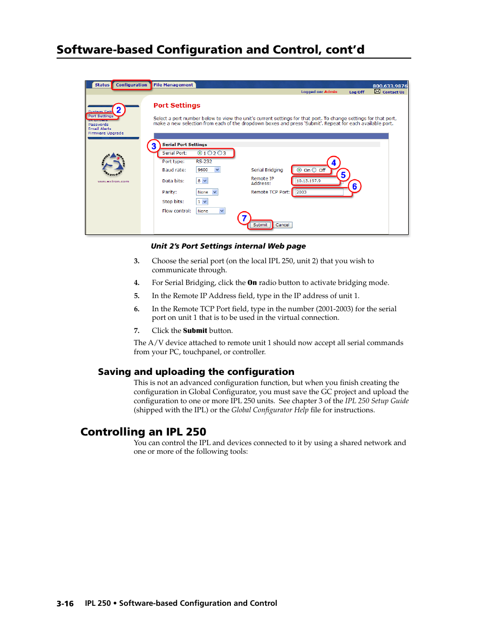 Saving and uploading the configuration, Saving and uploading the configuration -16, Controlling an ip | Touchpanel, See “controlling an ipl 250, Later in this chapter, Software-based configuration and control, cont’d, Controlling an ipl 250 | Extron Electronics IPL 250 Reference Manual User Manual | Page 42 / 109