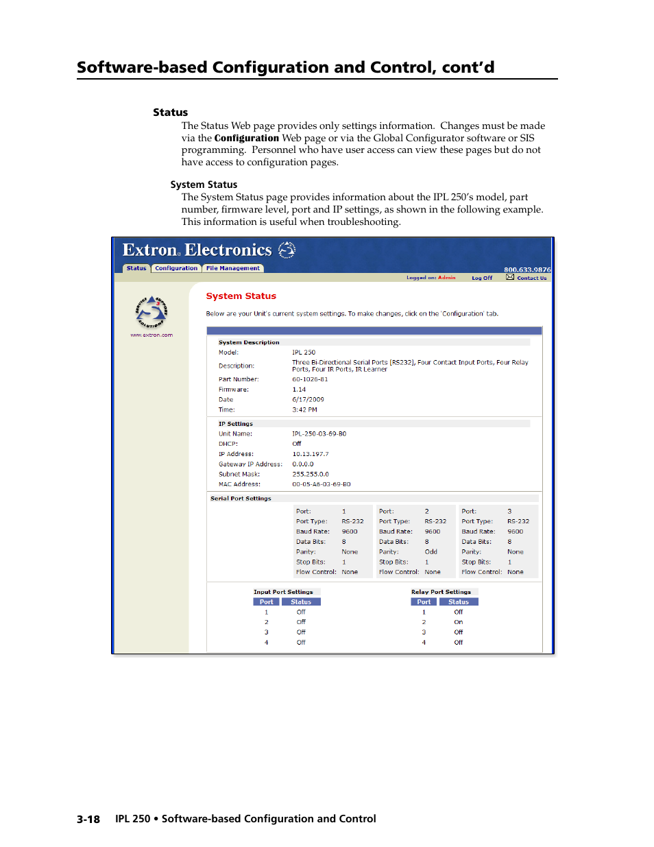 Status, System status, Status -18 | System status -18, Software-based configuration and control, cont’d | Extron Electronics IPL 250 Reference Manual User Manual | Page 44 / 109