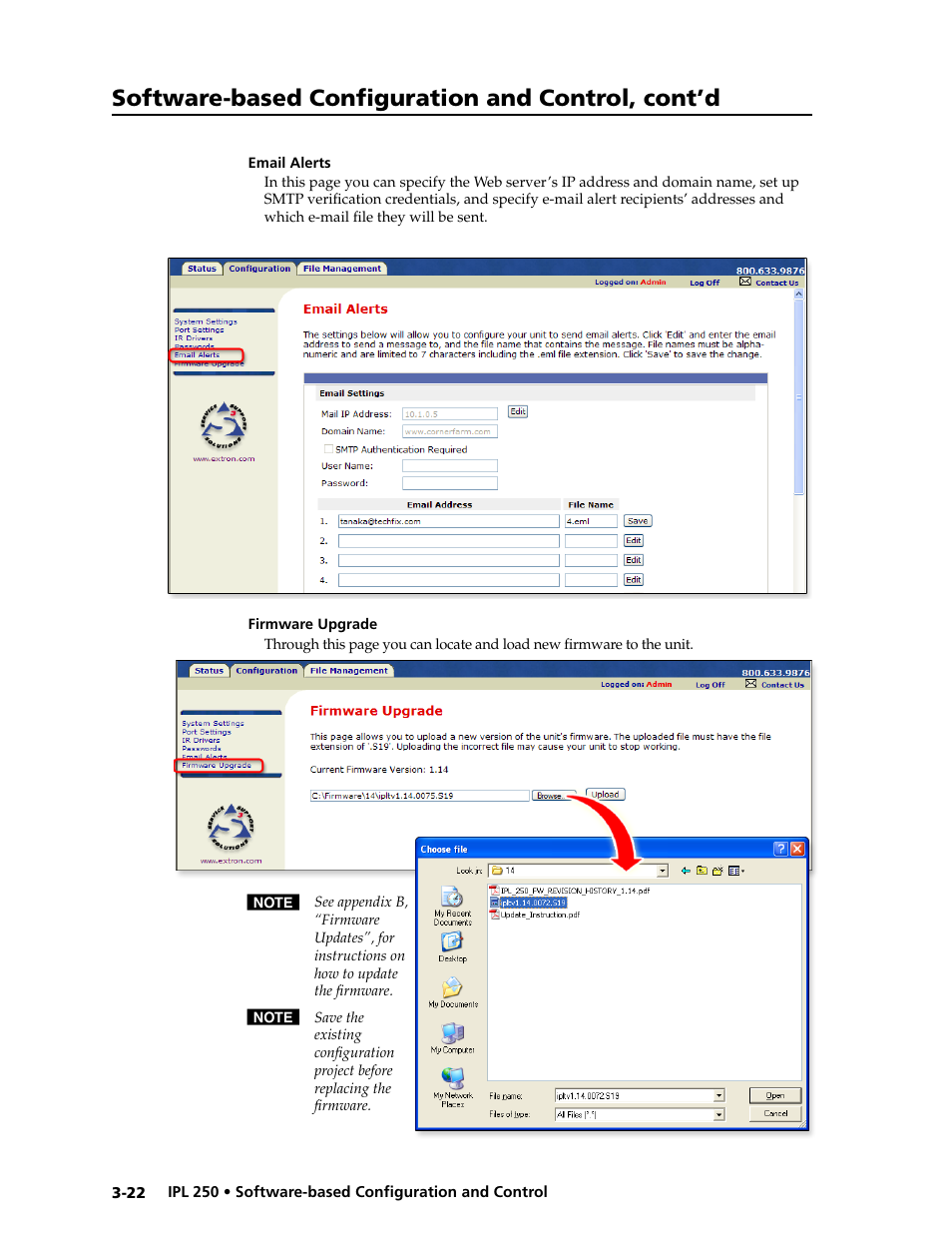 Email alerts, Firmware upgrade, Email alerts -22 firmware upgrade -22 | Software-based configuration and control, cont’d | Extron Electronics IPL 250 Reference Manual User Manual | Page 48 / 109