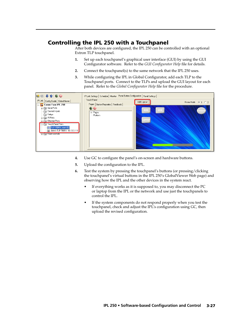 Controlling the ipl 250 with a touchpanel, Controlling the ipl 250 with a touchpanel | Extron Electronics IPL 250 Reference Manual User Manual | Page 53 / 109