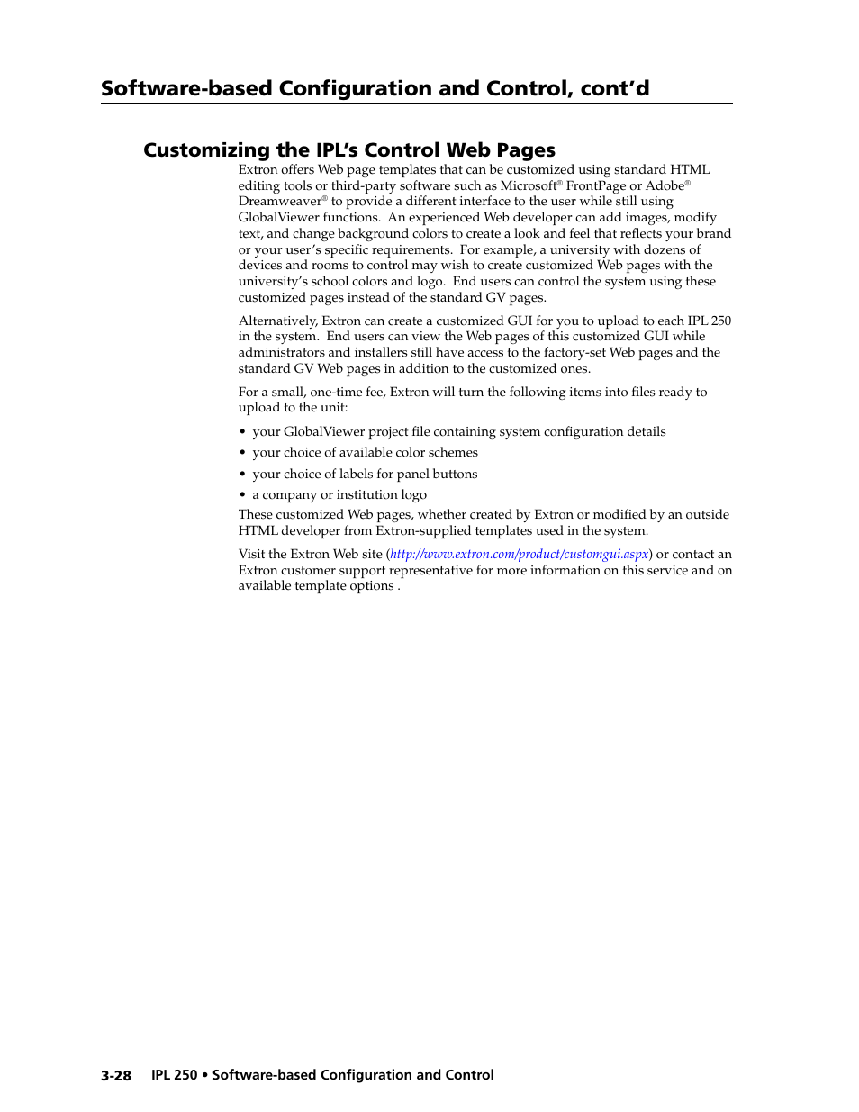 Software-based configuration and control, cont’d, Customizing the ipl’s control web pages | Extron Electronics IPL 250 Reference Manual User Manual | Page 54 / 109