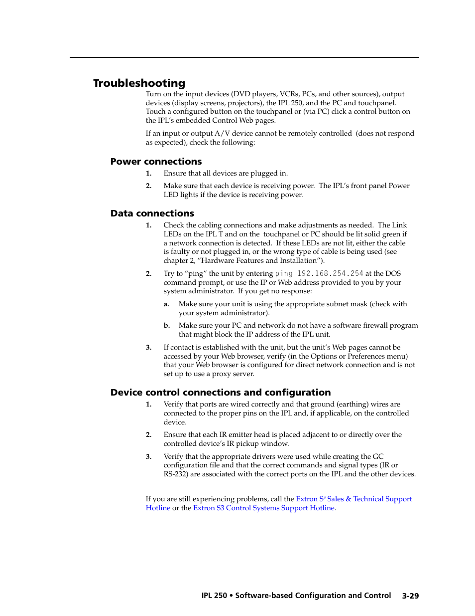 Troubleshooting, Power connections, Data connections | Device control connections and configuration | Extron Electronics IPL 250 Reference Manual User Manual | Page 55 / 109