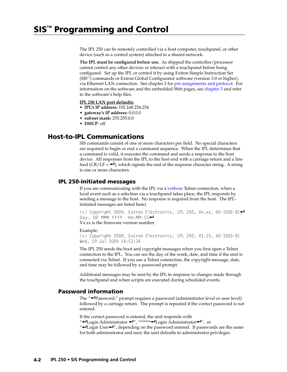 Host-to-ipl communications, Ipl 250-initiated messages, Password information | Programming and control | Extron Electronics IPL 250 Reference Manual User Manual | Page 58 / 109