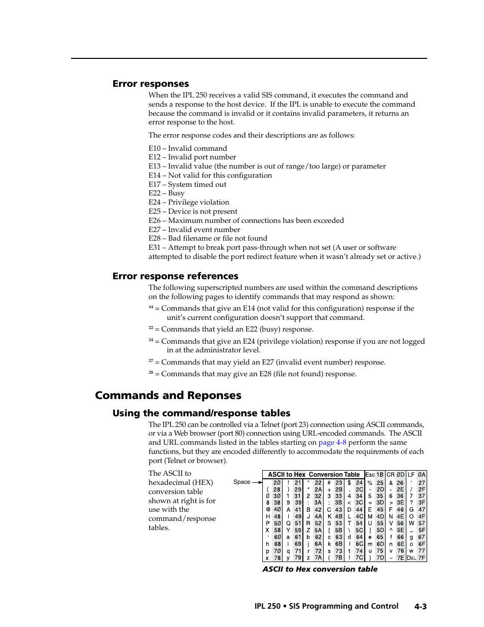 Error responses, Error response references, Commands and reponses | Using the command/response tables, Using the command/response tables -3 | Extron Electronics IPL 250 Reference Manual User Manual | Page 59 / 109