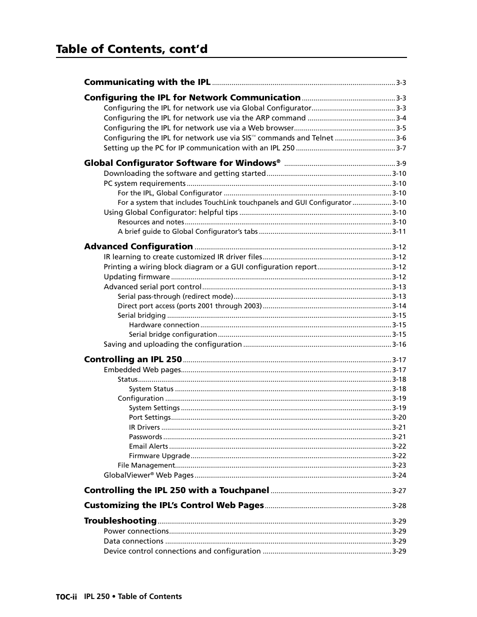 Table of contents, cont’d | Extron Electronics IPL 250 Reference Manual User Manual | Page 6 / 109