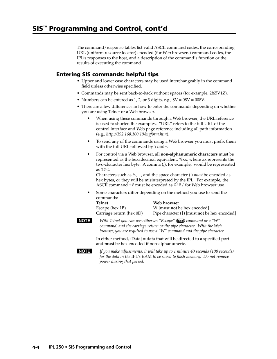 Entering sis commands: helpful tips, Entering sis commands: helpful tips -4, Programming and control, cont’d | Extron Electronics IPL 250 Reference Manual User Manual | Page 60 / 109