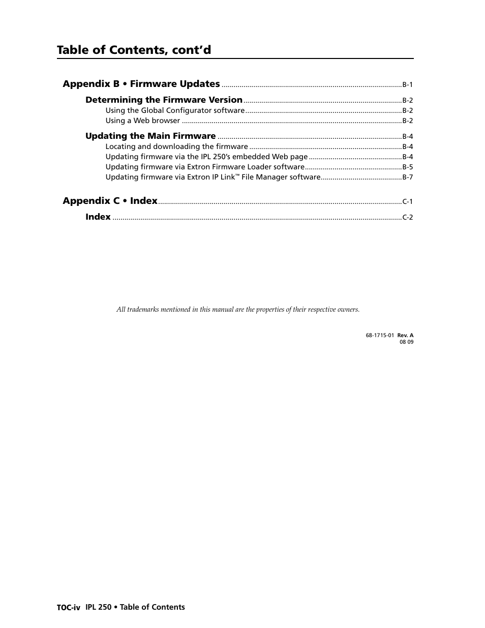 Table of contents, cont’d | Extron Electronics IPL 250 Reference Manual User Manual | Page 8 / 109