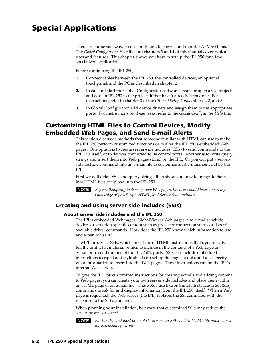 Creating and using server side includes (ssis), About server side includes and the ipl 250, About server side includes and the ipl 250 -2 | Special applications | Extron Electronics IPL 250 Reference Manual User Manual | Page 82 / 109