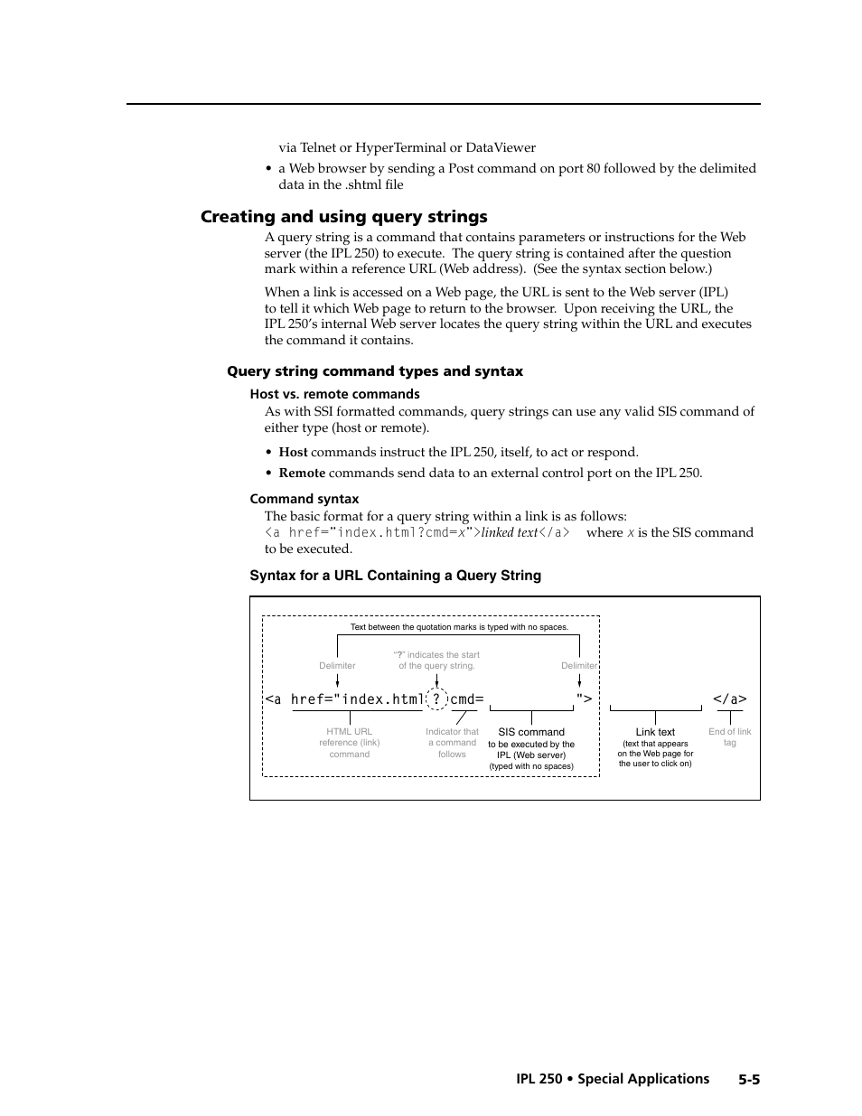 Creating and using query strings, Query string command types and syntax, Host vs. remote commands | Command syntax, Creating and using query strings -5, Query string command types and syntax -5, Host vs. remote commands -5 command syntax -5 | Extron Electronics IPL 250 Reference Manual User Manual | Page 85 / 109