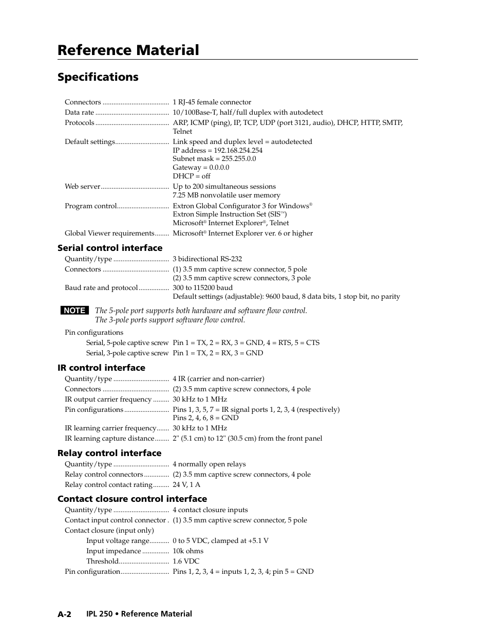 Specifications, Reference material | Extron Electronics IPL 250 Reference Manual User Manual | Page 88 / 109