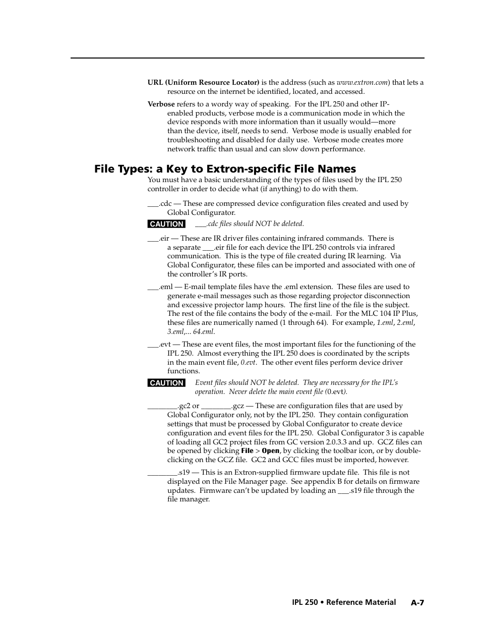 File types: a key to extron-specific file names | Extron Electronics IPL 250 Reference Manual User Manual | Page 93 / 109