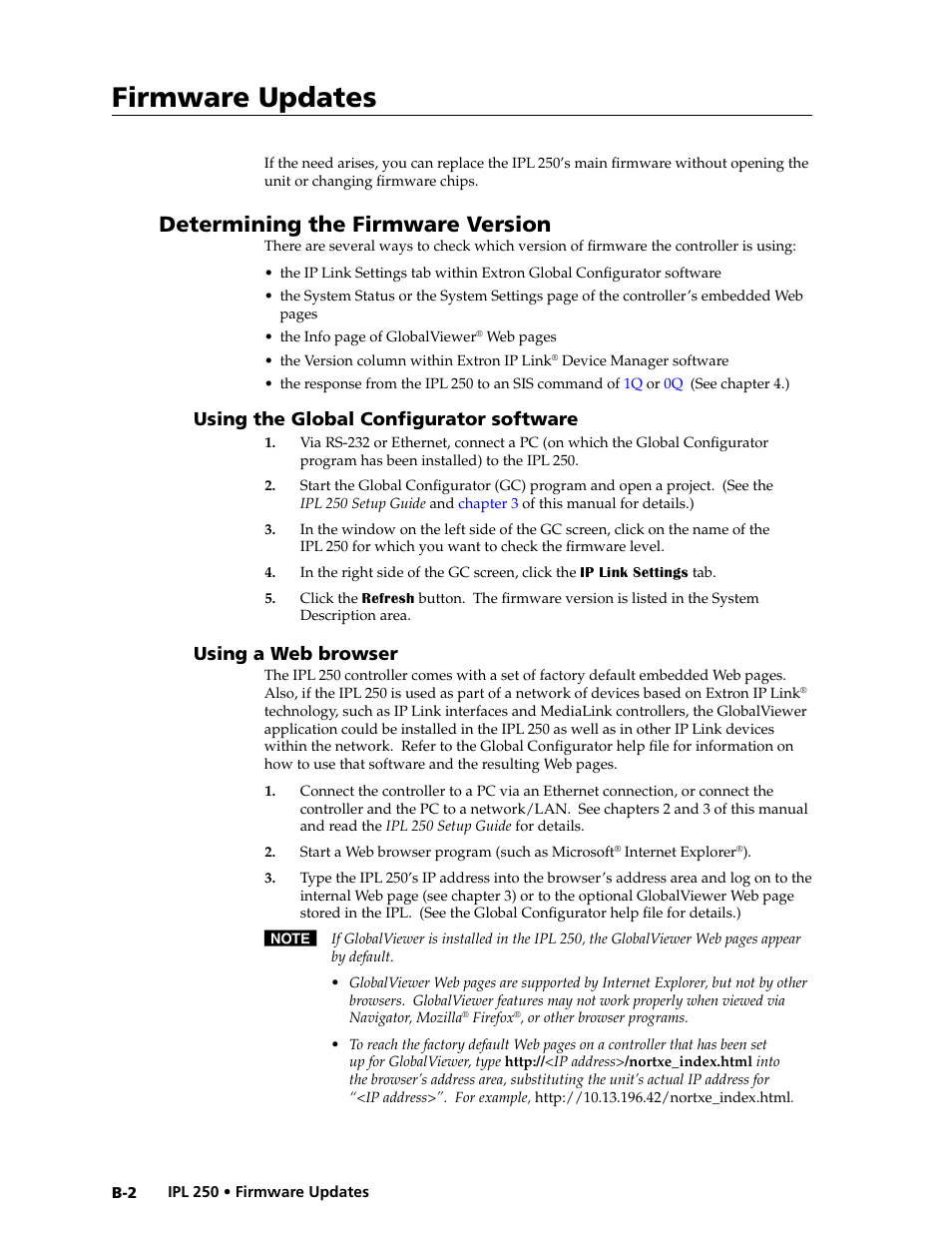 Determining the firmware version, Using the global configurator software, Using a web browser | Firmware updates | Extron Electronics IPL 250 Reference Manual User Manual | Page 96 / 109