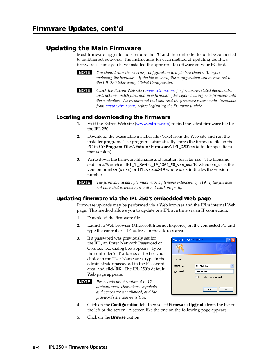 Updating the main firmware, Locating and downloading the firmware, Firmware updates, cont’d | Extron Electronics IPL 250 Reference Manual User Manual | Page 98 / 109