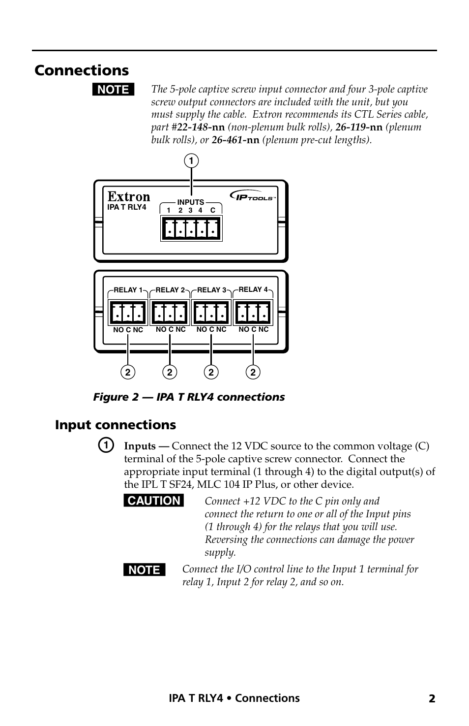 Connections, Input connections | Extron Electronics IPA T RLY4 User Manual | Page 3 / 6