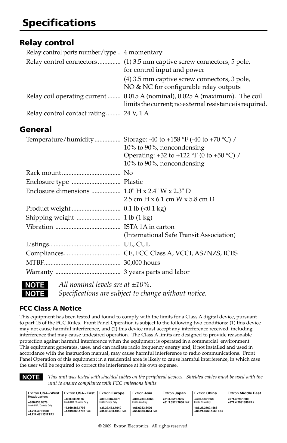 Specifications, Relay control, General | Fcc class a notice | Extron Electronics IPA T RLY4 User Manual | Page 6 / 6