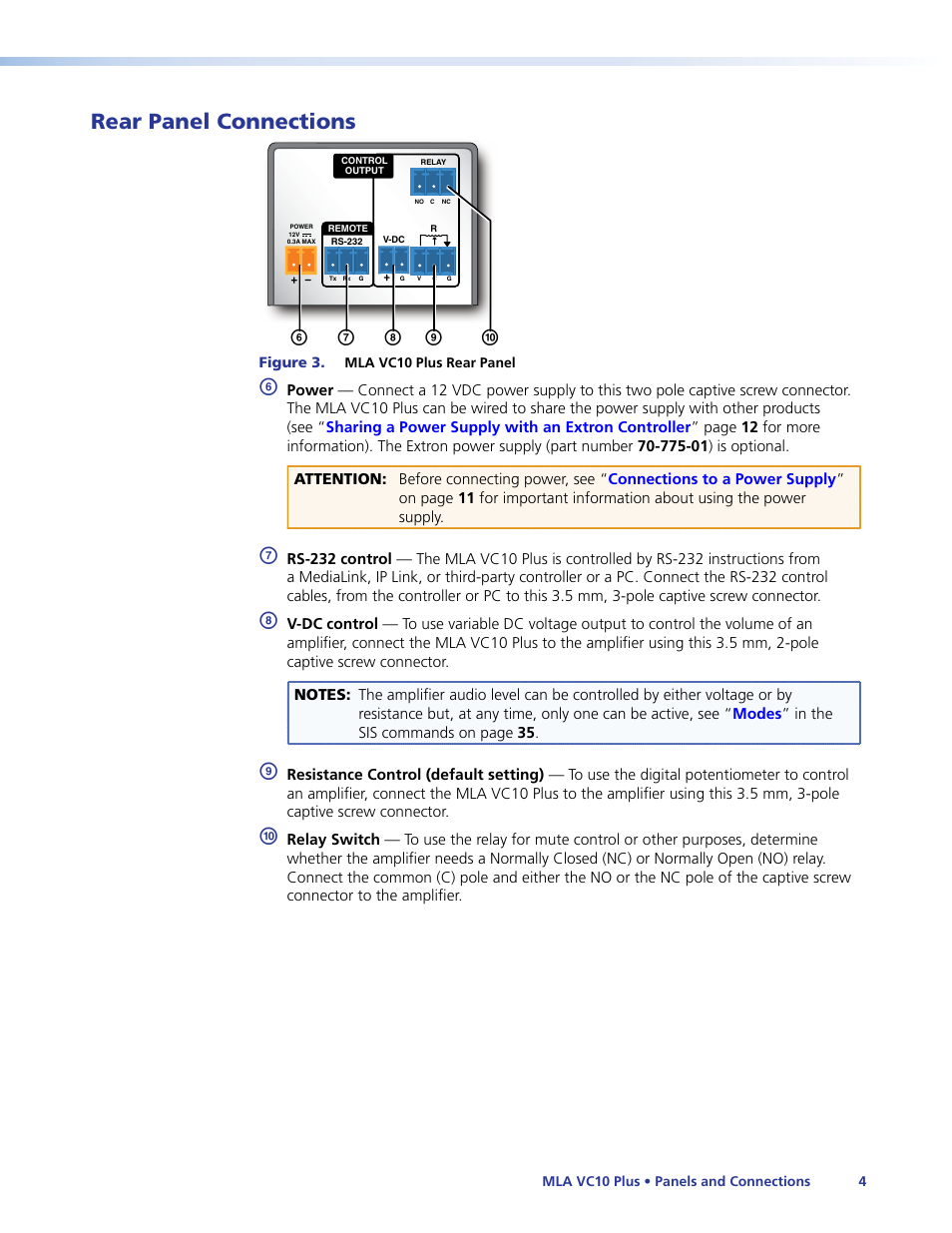 Rear panel connections | Extron Electronics MLA VC10 Plus User Guide User Manual | Page 10 / 45