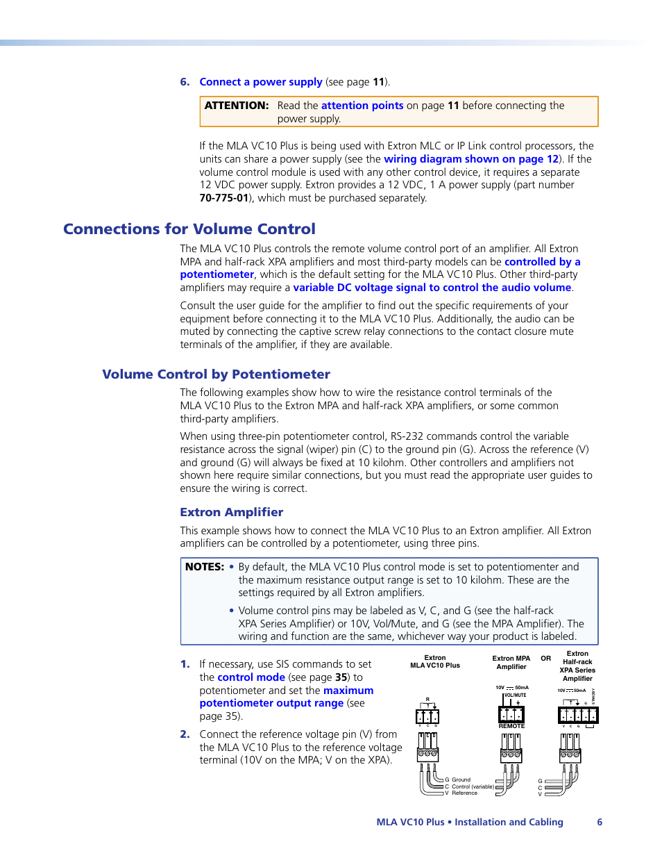 Connections for volume control, Volume control by potentiometer, Connect the potentiometer terminals | Extron amplifier | Extron Electronics MLA VC10 Plus User Guide User Manual | Page 12 / 45