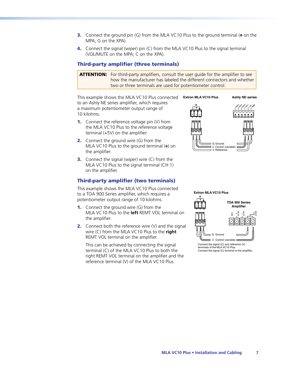Third-party amplifier (three terminals), Third-party amplifier (two terminals), Mla vc10 plus • installation and cabling 7 | Extron Electronics MLA VC10 Plus User Guide User Manual | Page 13 / 45