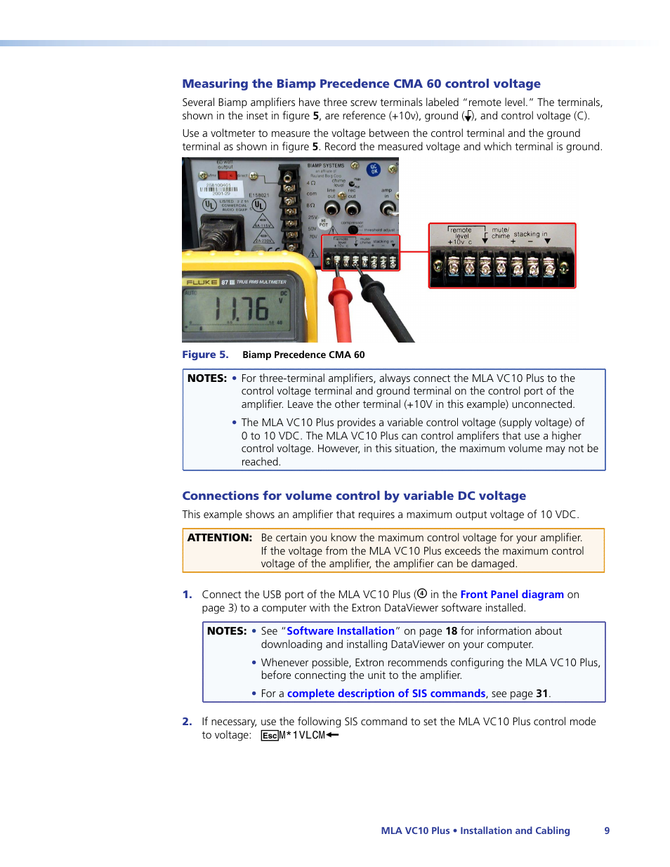 Connect the voltage terminals, On the mla, Biamp precedence cma 60 | Volume control by voltage | Extron Electronics MLA VC10 Plus User Guide User Manual | Page 15 / 45