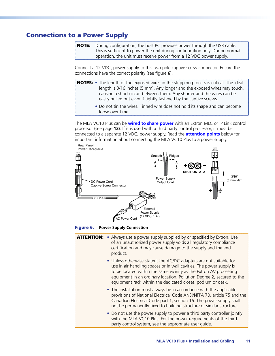 Connections to a power supply, Connect a power supply, Attention points | Extron Electronics MLA VC10 Plus User Guide User Manual | Page 17 / 45